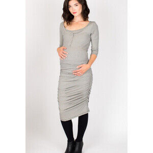 NOM Maternity 3/4 Sleeve Snap Dress In Grey Charcoal Microstripe Size M